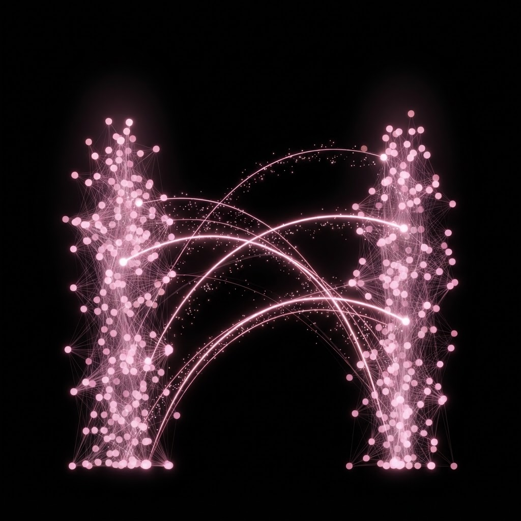 Two constellations of nodes connected by glowing arcs